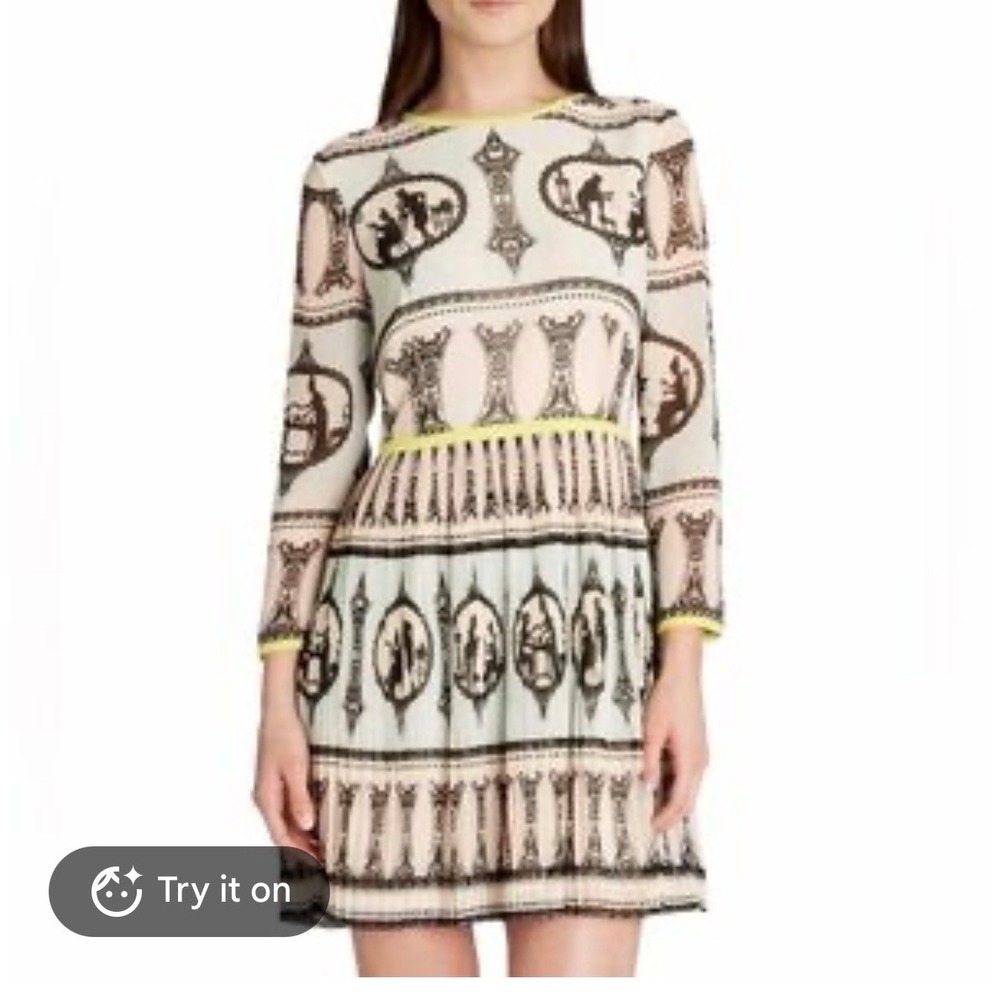 Ted Baker London Silhouette Print Pleated Mini Dress Mint Pink Neon Trim Size 4